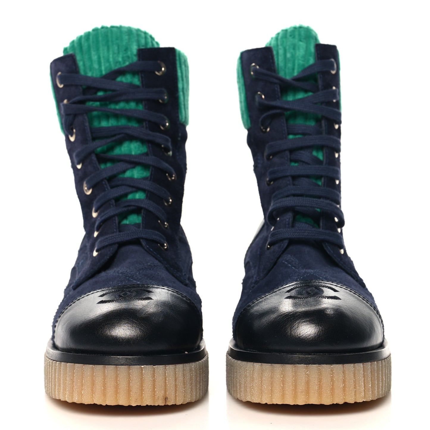Suede Calfskin Velvet Quilted CC Combat Boots 37 Navy Green Black
