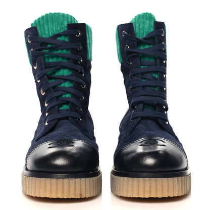 Chanel Suede Calfskin Velvet Quilted CC Combat Boots 37 Navy Green Black 3 of 9