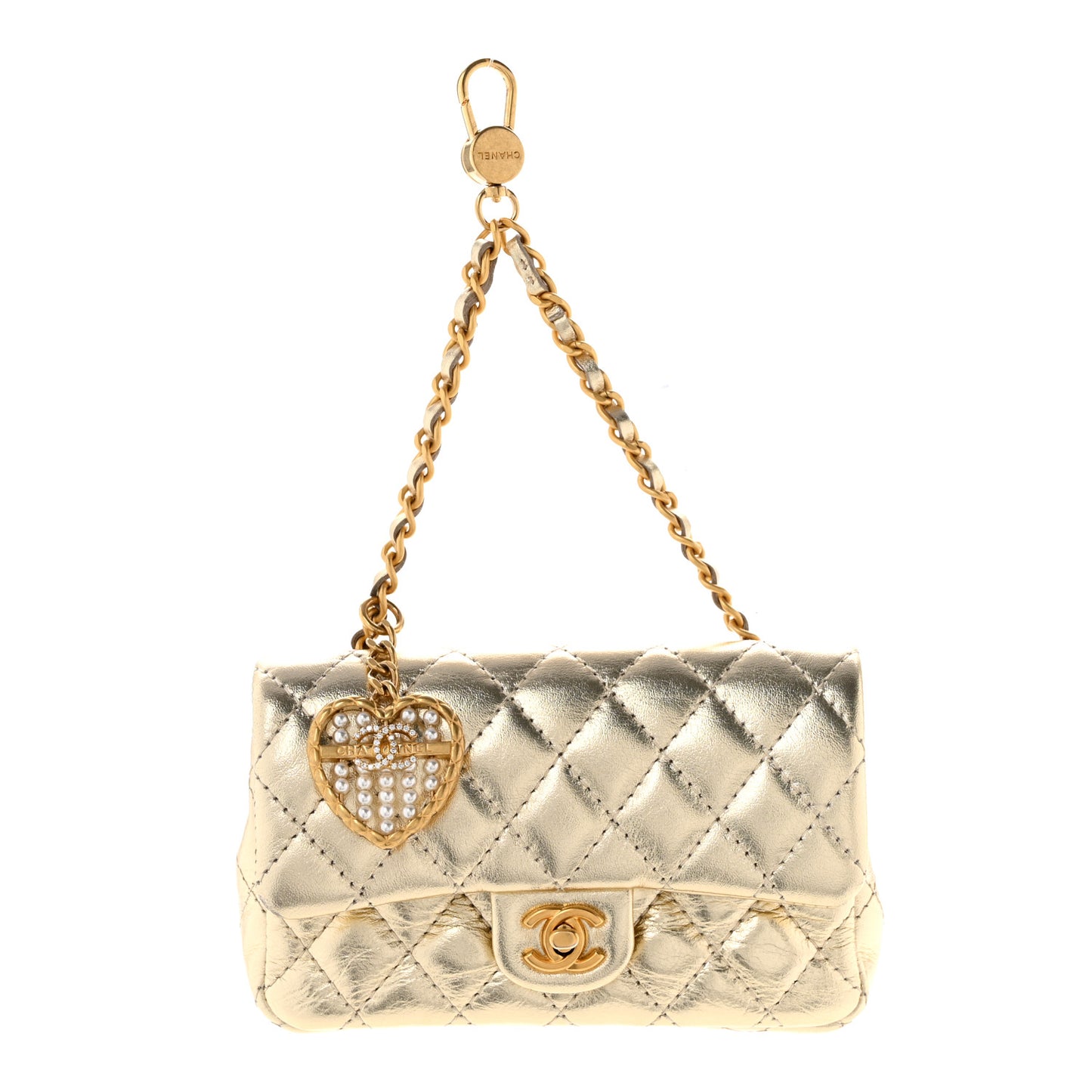 Metallic Calfskin Quilted Mini Flap Bag Charm With Hook Gold