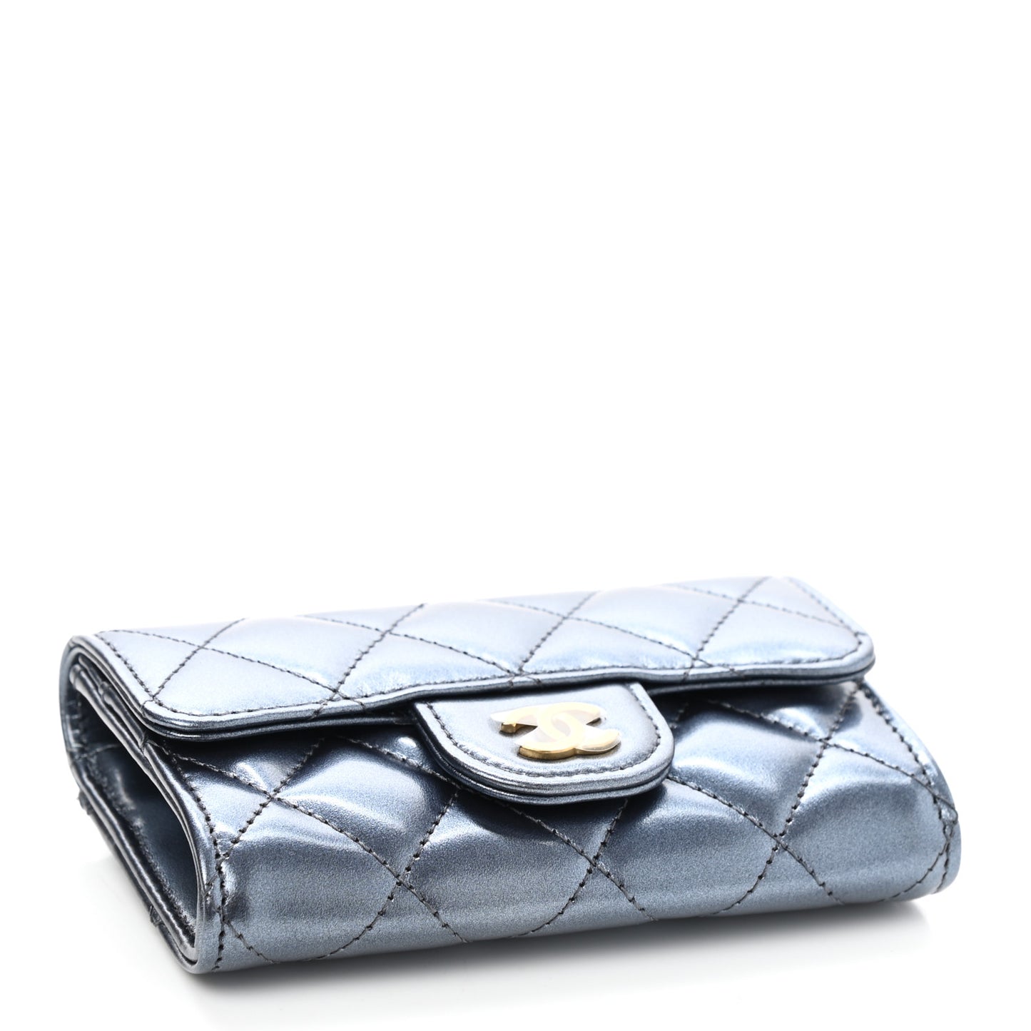 Metallic Lambskin Quilted Flap Card Holder Wallet Dark Blue