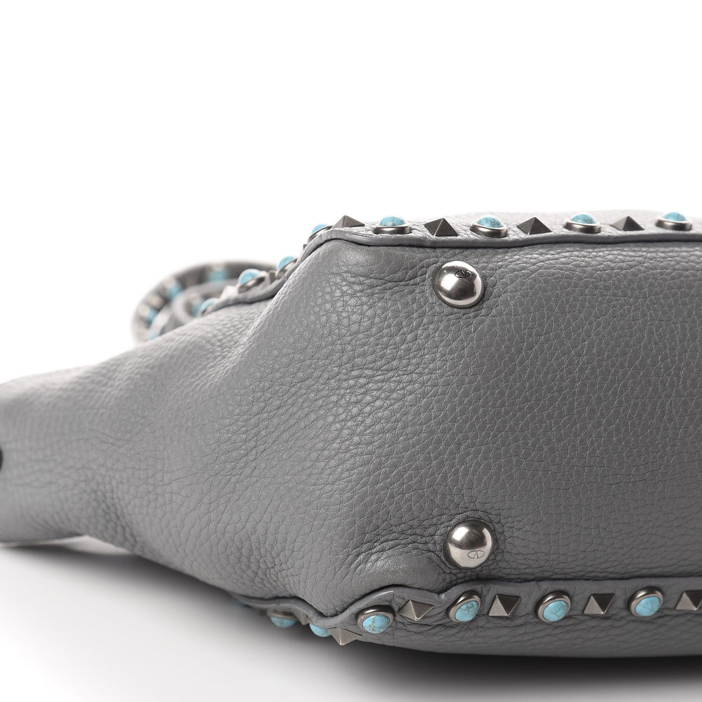 Grained Calfskin Turquoise Small Rockstud Rolling Tote Light Stone
