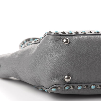 Valentino Garavani Grained Calfskin Turquoise Small Rockstud Rolling Tote Light Stone 6 of 14