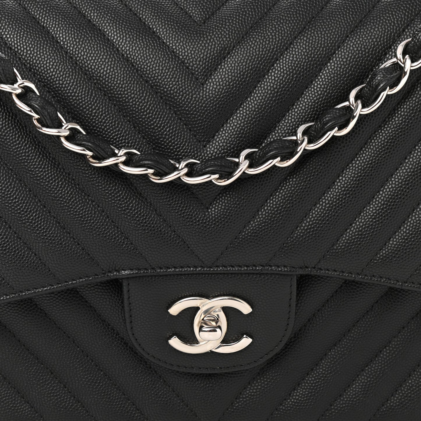 Caviar Chevron Quilted Jumbo Double Flap Black