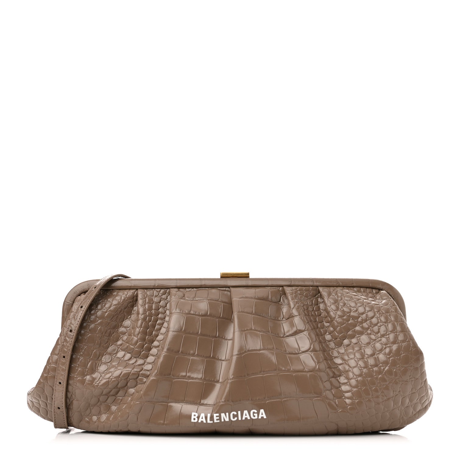 Balenciaga Shiny Supple Calfskin Logo Crocodile Embossed XL Cloud Clutch Mink Grey White 1 of 9