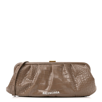 Balenciaga Shiny Supple Calfskin Logo Crocodile Embossed XL Cloud Clutch Mink Grey White 1 of 9