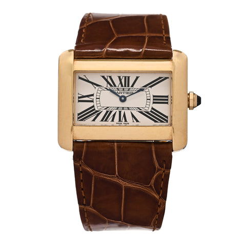 18K Yellow Gold Alligator 38mm Tank Divan Quartz Watch Brown