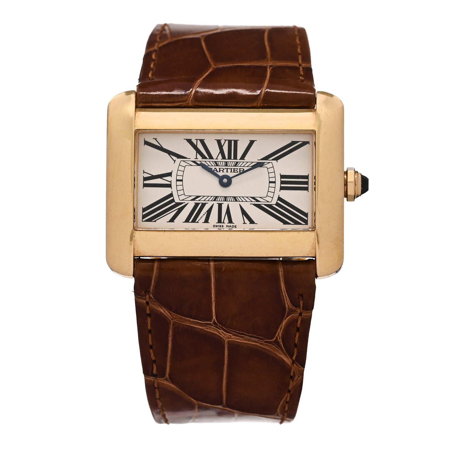 18K Yellow Gold Alligator 38mm Tank Divan Quartz Watch Brown