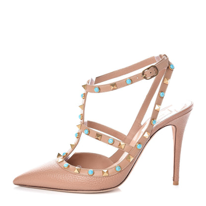 Valentino Garavani Pebbled Calfskin Rockstud Rolling Ankle Strap 100mm Pumps 40 Soft Noisette 1 of 14