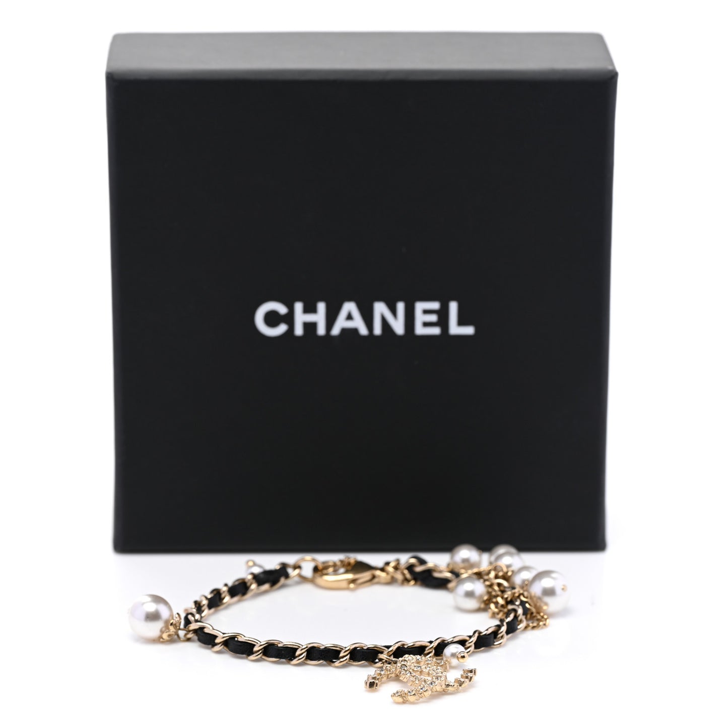 Lambskin Pearl Crystal Chain CC Bracelet Black Gold