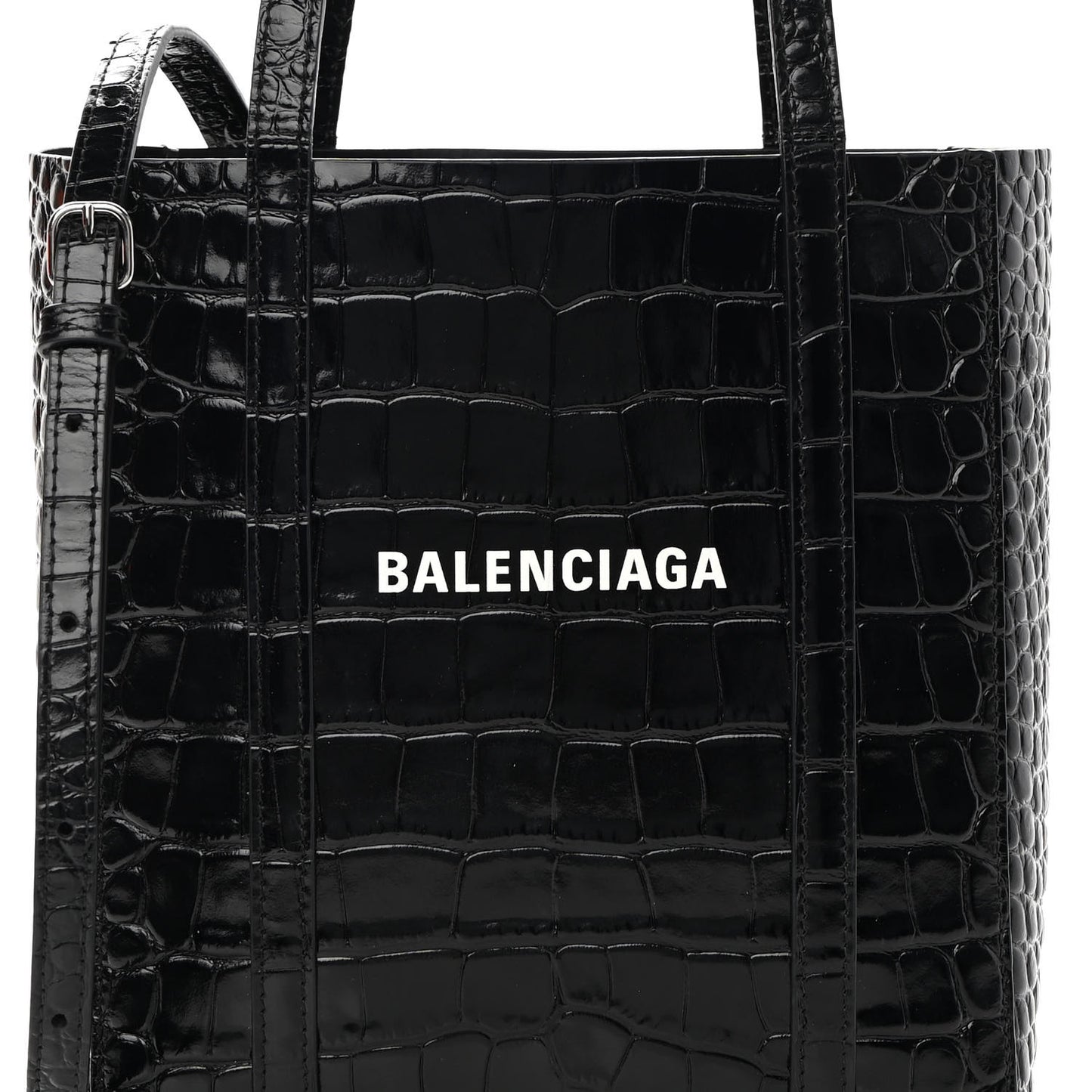 Shiny Calfskin Logo Crocodile Embossed XXS Everyday Tote Black