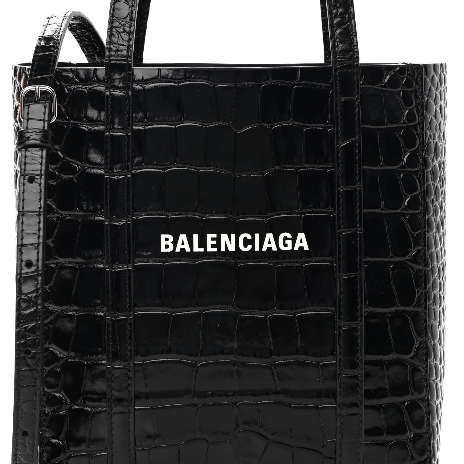 Balenciaga Shiny Calfskin Logo Crocodile Embossed XXS Everyday Tote Black 7 of 10