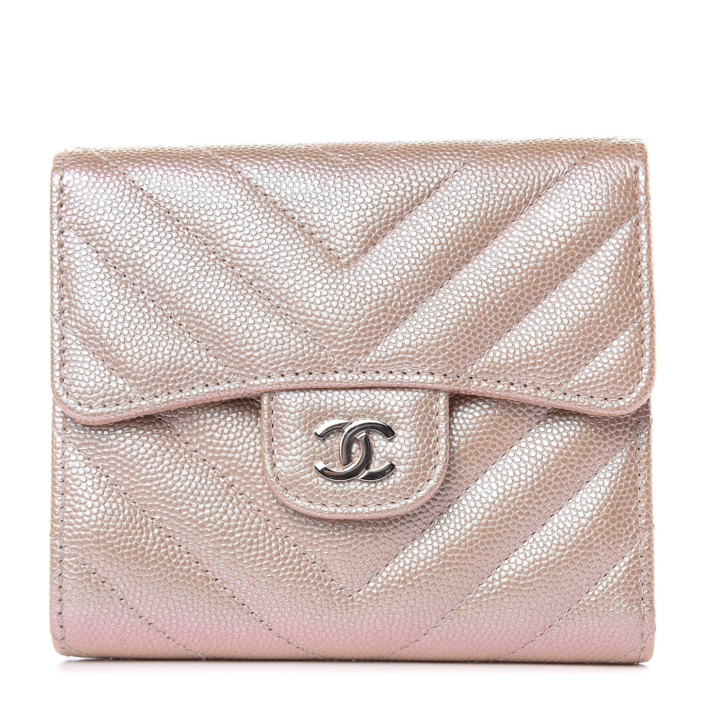 Metallic Caviar Chevron Quilted Compact Flap Wallet Light Gold