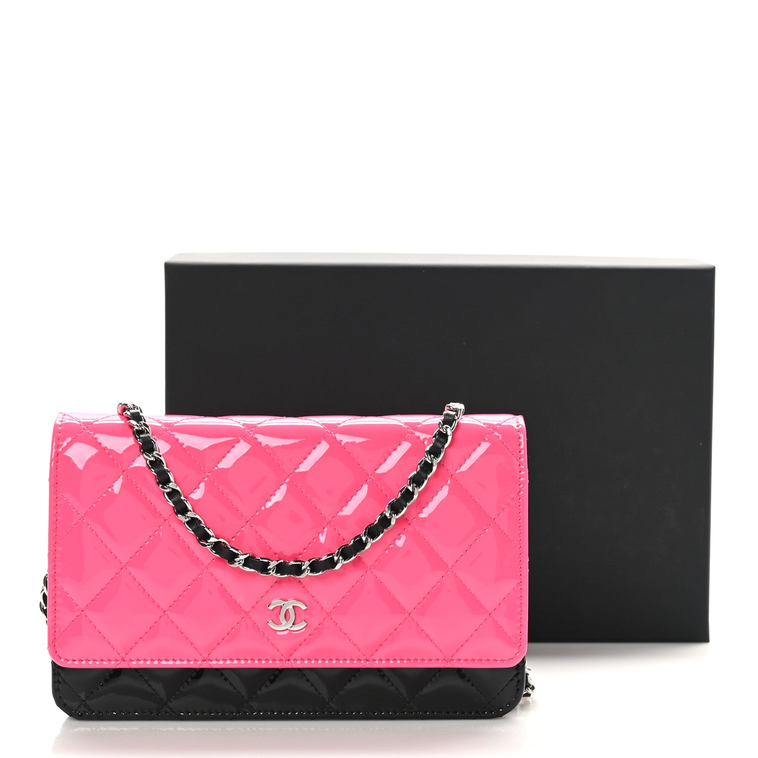Chanel Patent Quilted Bi-Color Wallet On Chain WOC Pink Black 12 of 12
