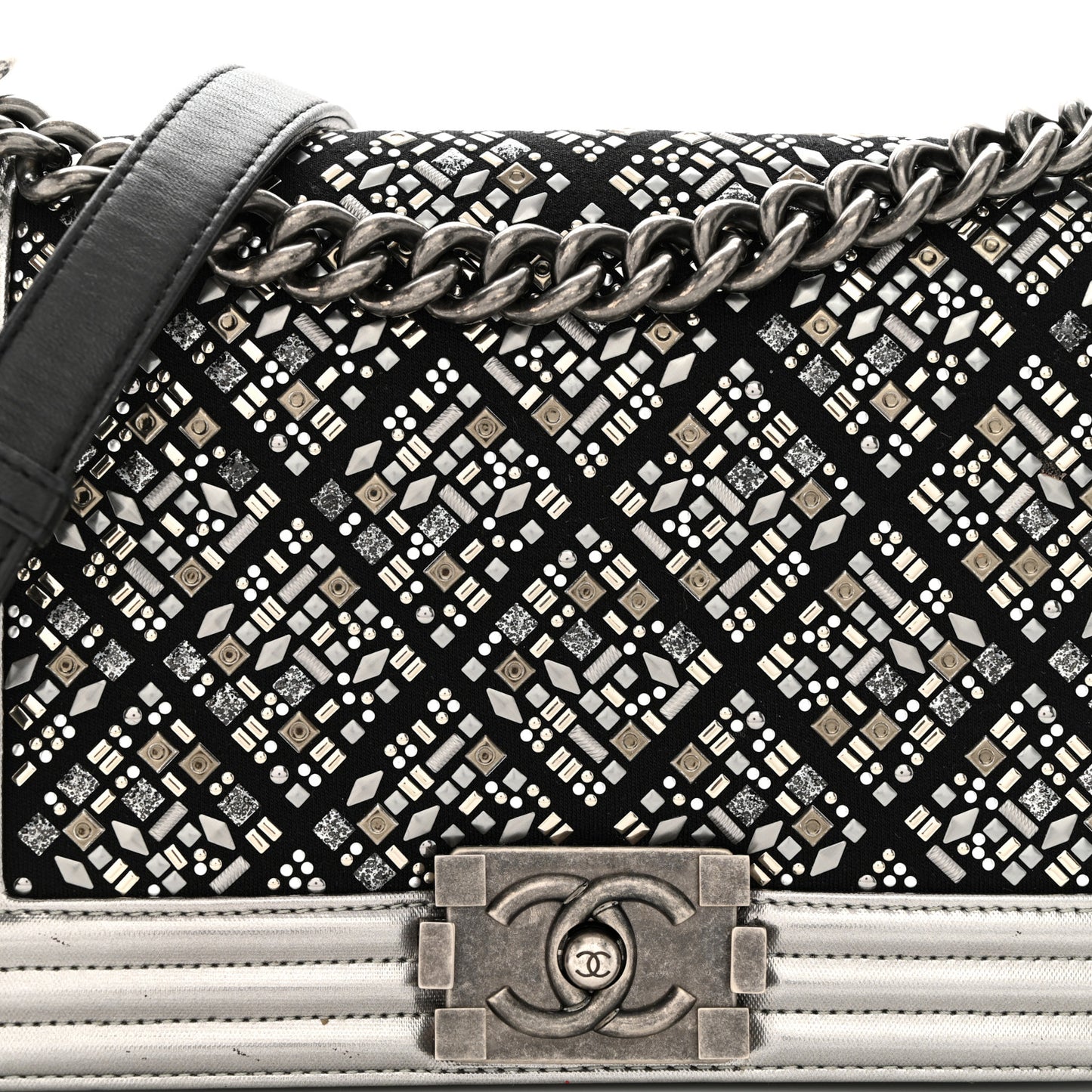 Metallic Lambskin Embellished Medium Boy Flap Black Silver