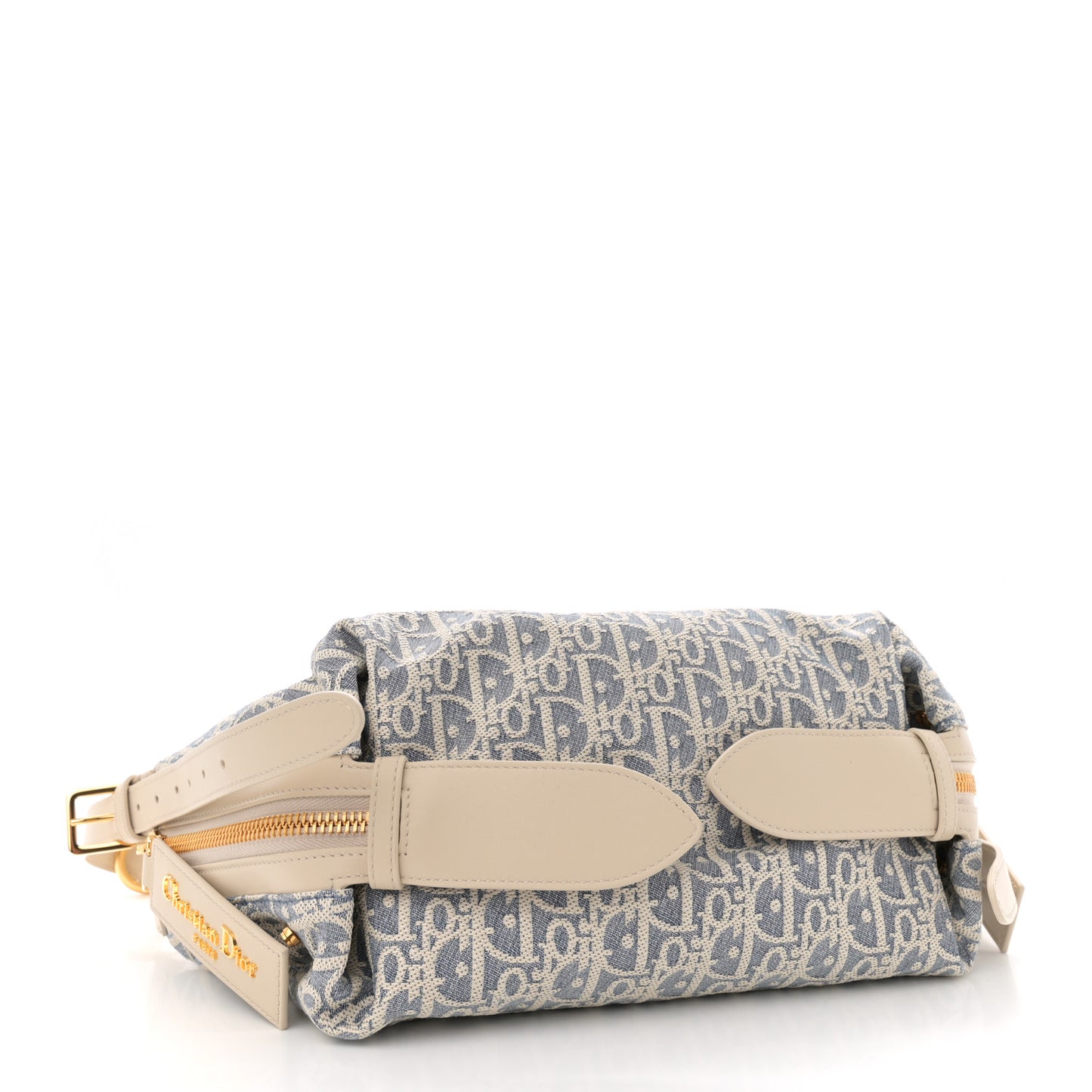 Oblique Chambray Raffia Effect Smooth Calfskin Small D-Journey Bag Blue Light Biscuit