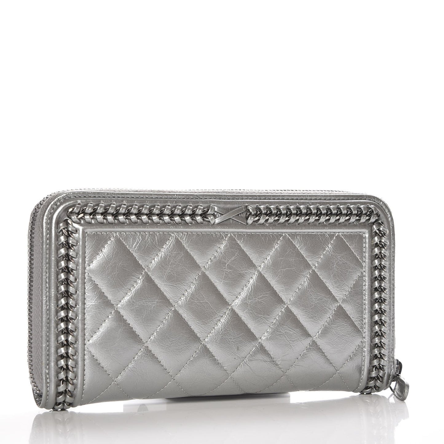 Metallic Calfskin Quilted Boy Chain Large Gusset Zip Around Wallet Silver
