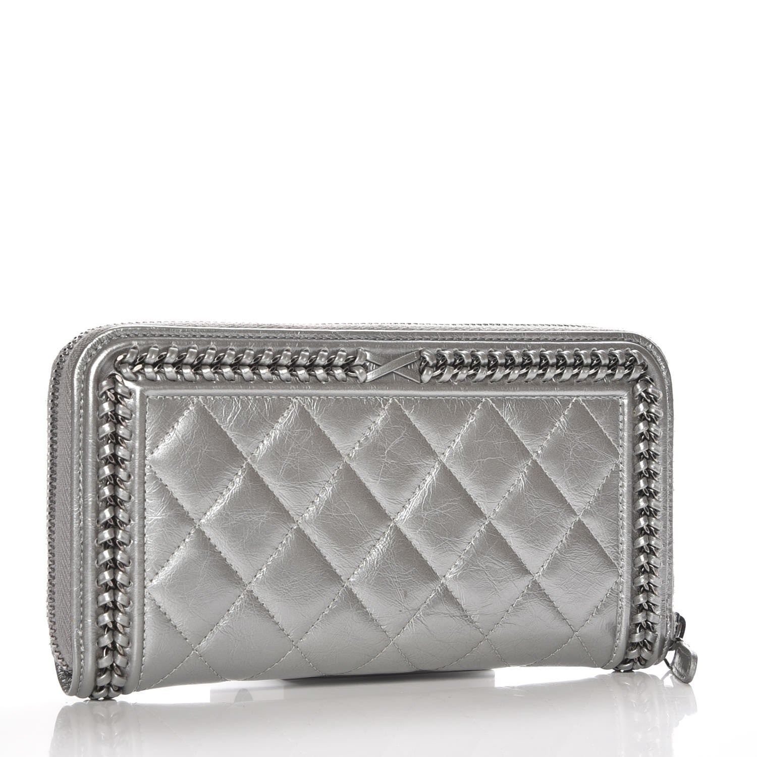 Chanel Metallic Calfskin Quilted Boy Chain Large Gusset Zip Around Wallet Silver 3 of 9