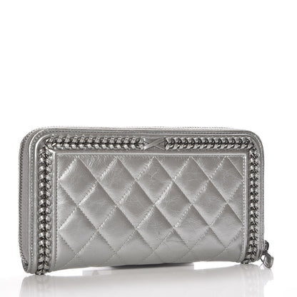 Chanel Metallic Calfskin Quilted Boy Chain Large Gusset Zip Around Wallet Silver 3 of 9