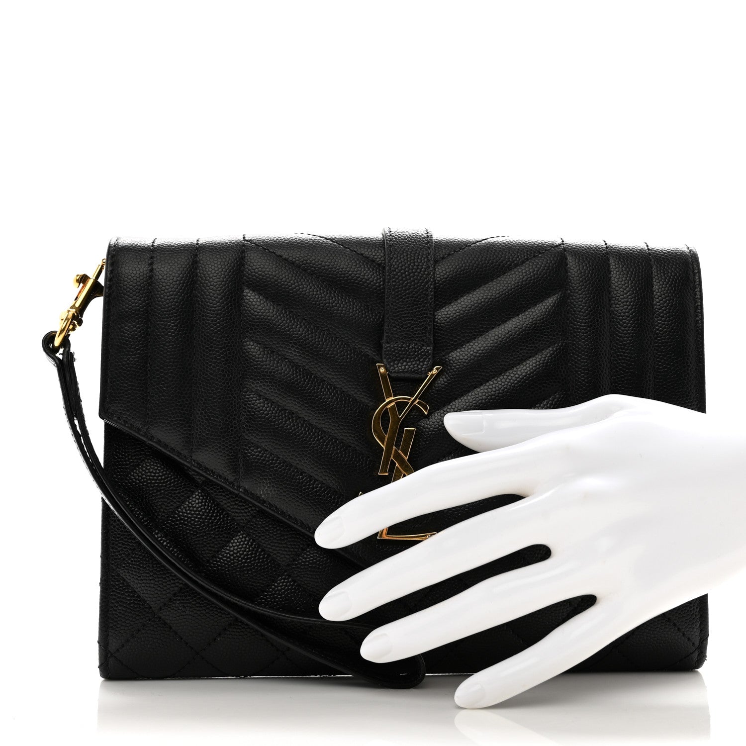 Saint Laurent Grain De Poudre Textured Mixed Matelasse Triquilt Monogram Clutch Black 2 of 8