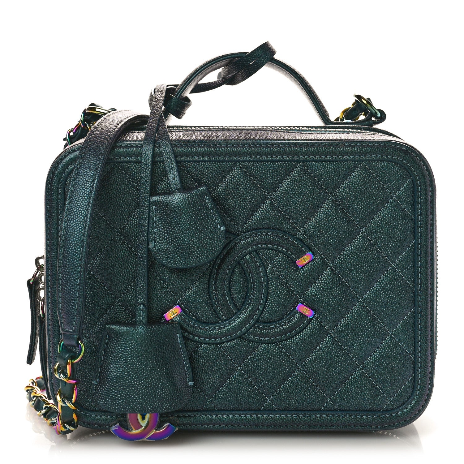 Chanel Iridescent Caviar Quilted Medium CC Filigree Vanity Case Dark Turquoise 1 of 13