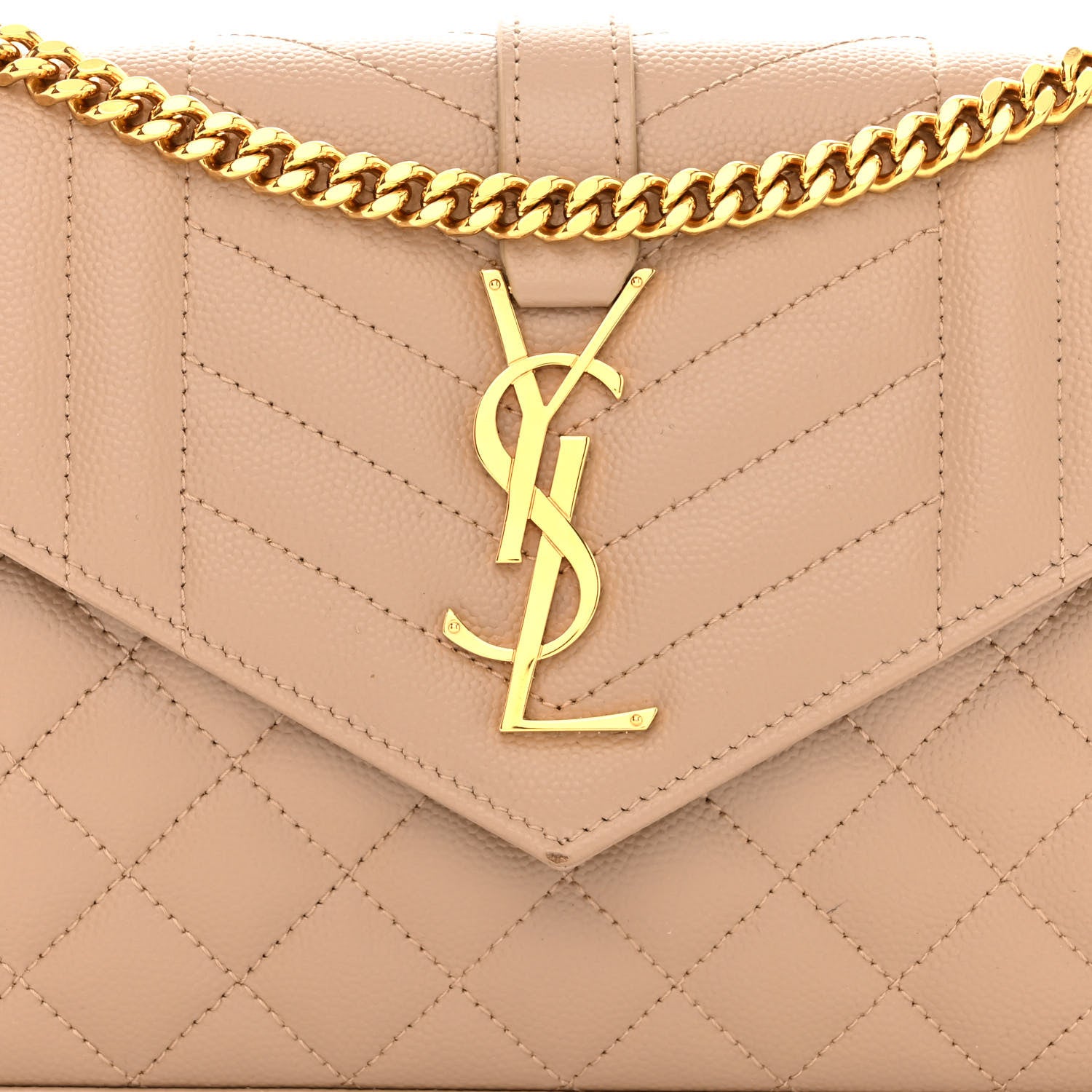 Saint Laurent Grain De Poudre Mixed Matelasse Triquilt Monogram Chain Wallet Dark Beige 7 of 11