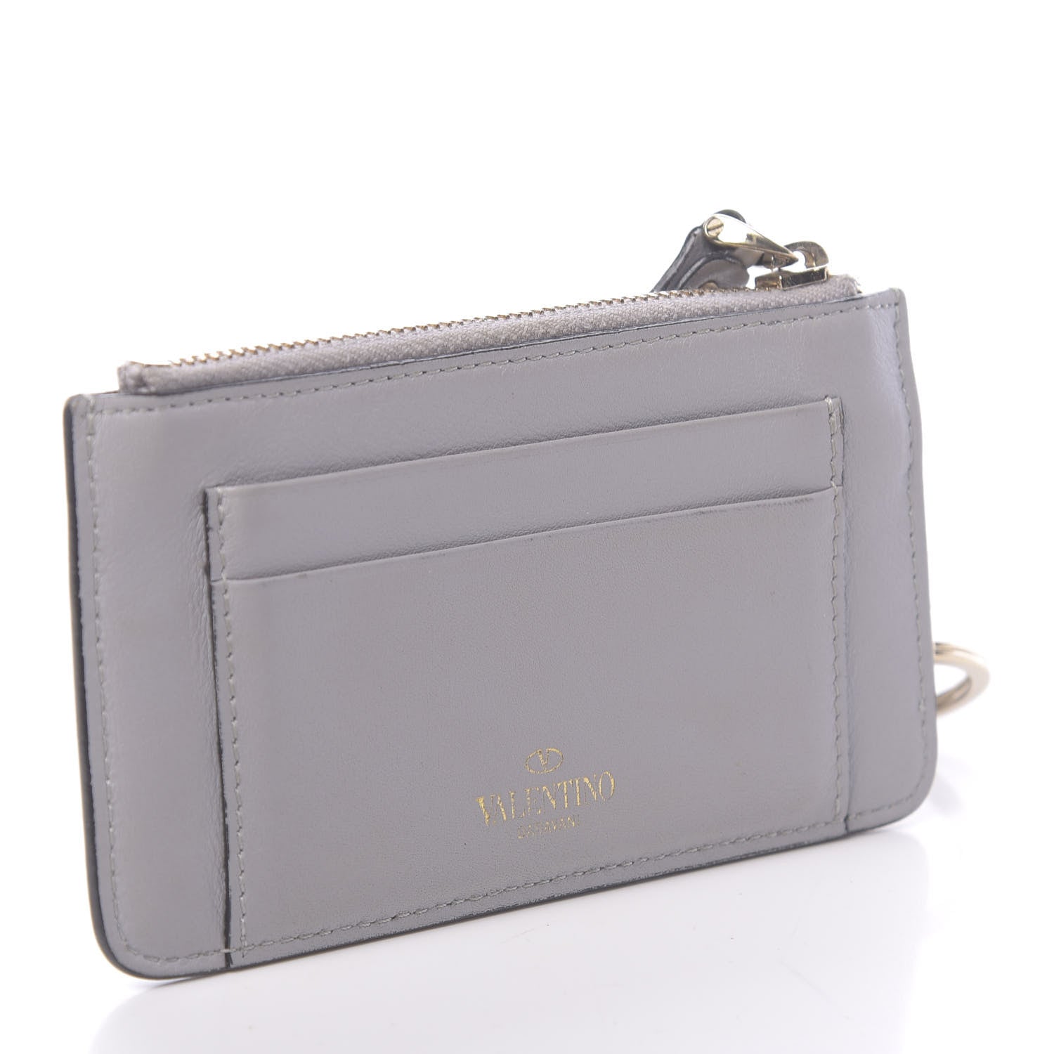 Valentino Garavani Vitello Rockstud Key Coin Case Card Holder Grey 3 of 9