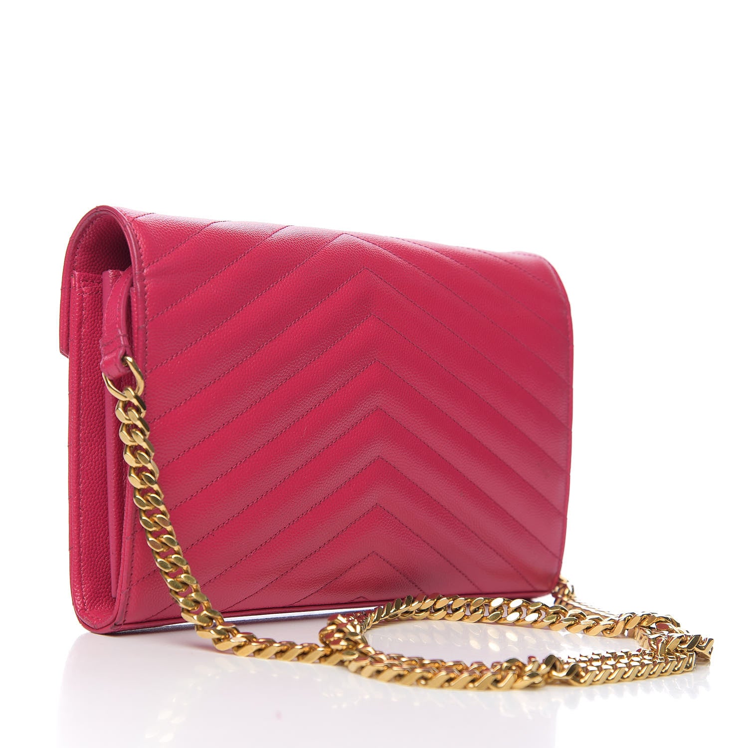 Saint Laurent Grain De Poudre Matelasse Chevron Monogram Chain Wallet Hot Pink 2 of 10