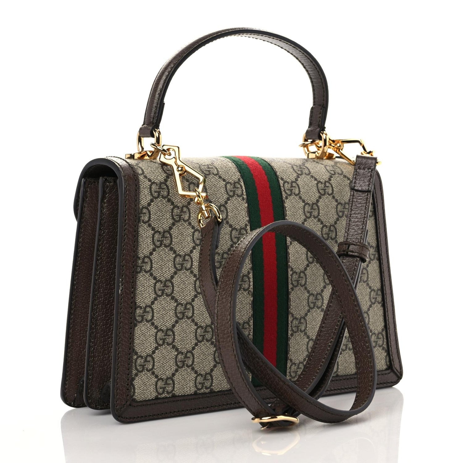 Gucci GG Supreme Monogram Textured Dollar Calfskin Web Small Ophidia Padlock Top Handle Bag Beige Ebony New Acero 3 of 10