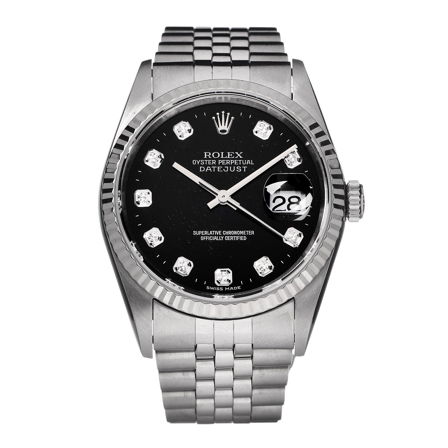 Rolex Stainless Steel 18K White Gold Diamond 36mm Oyster Perpetual Datejust Watch Black 16234 1 of 6