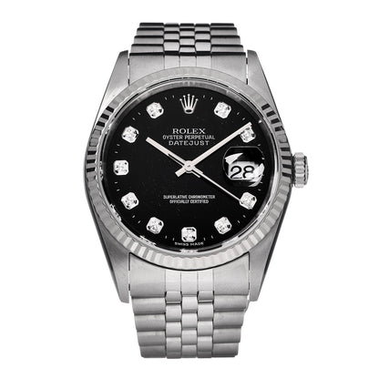 Rolex Stainless Steel 18K White Gold Diamond 36mm Oyster Perpetual Datejust Watch Black 16234 1 of 6