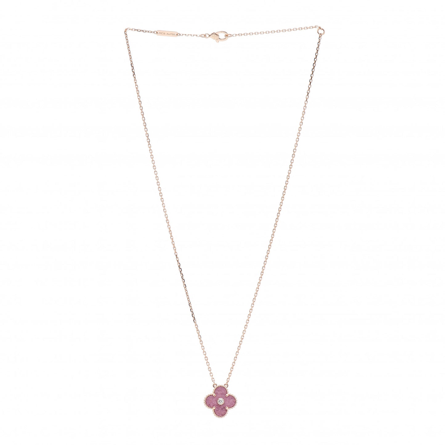 18K Rose Gold Diamond Rhodonite Vintage Alhambra Pendant Necklace