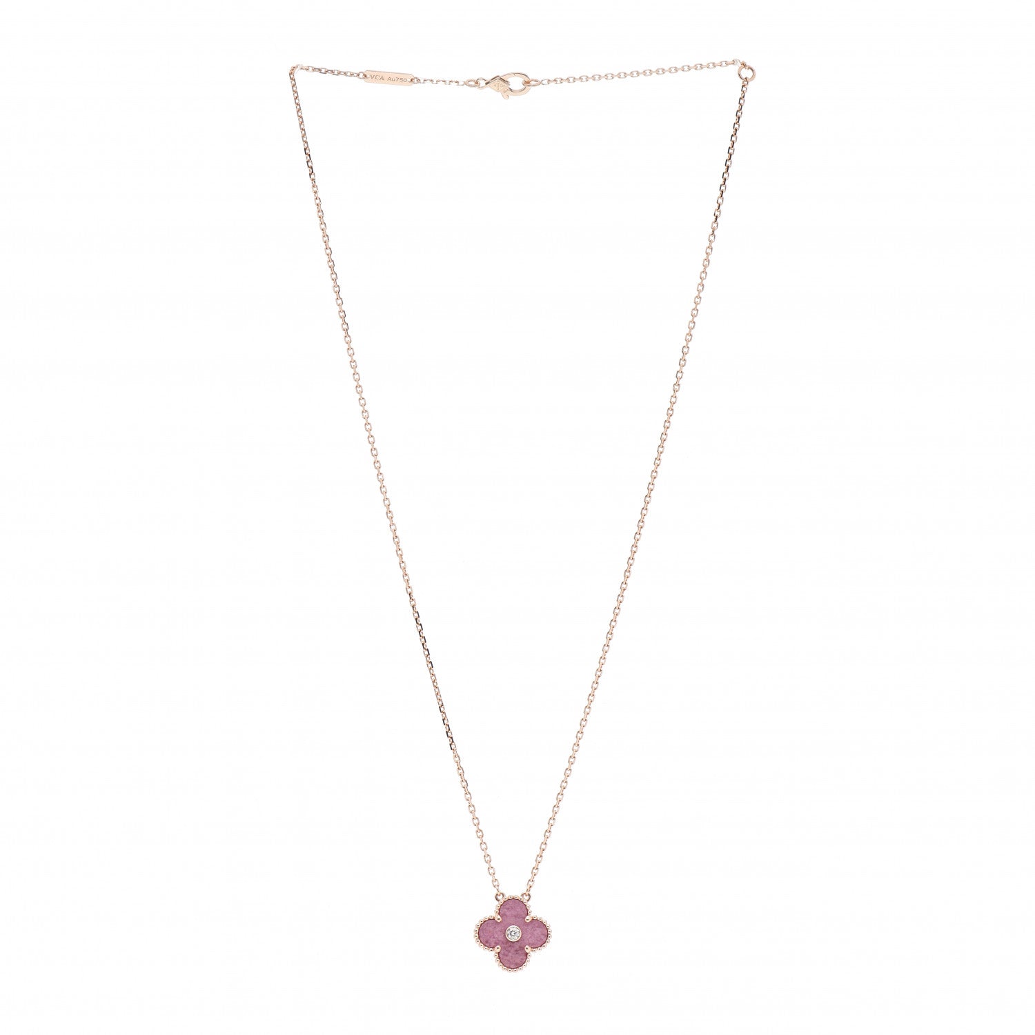 Van Cleef & Arpels 18K Rose Gold Diamond Rhodonite Vintage Alhambra Pendant Necklace 3 of 5