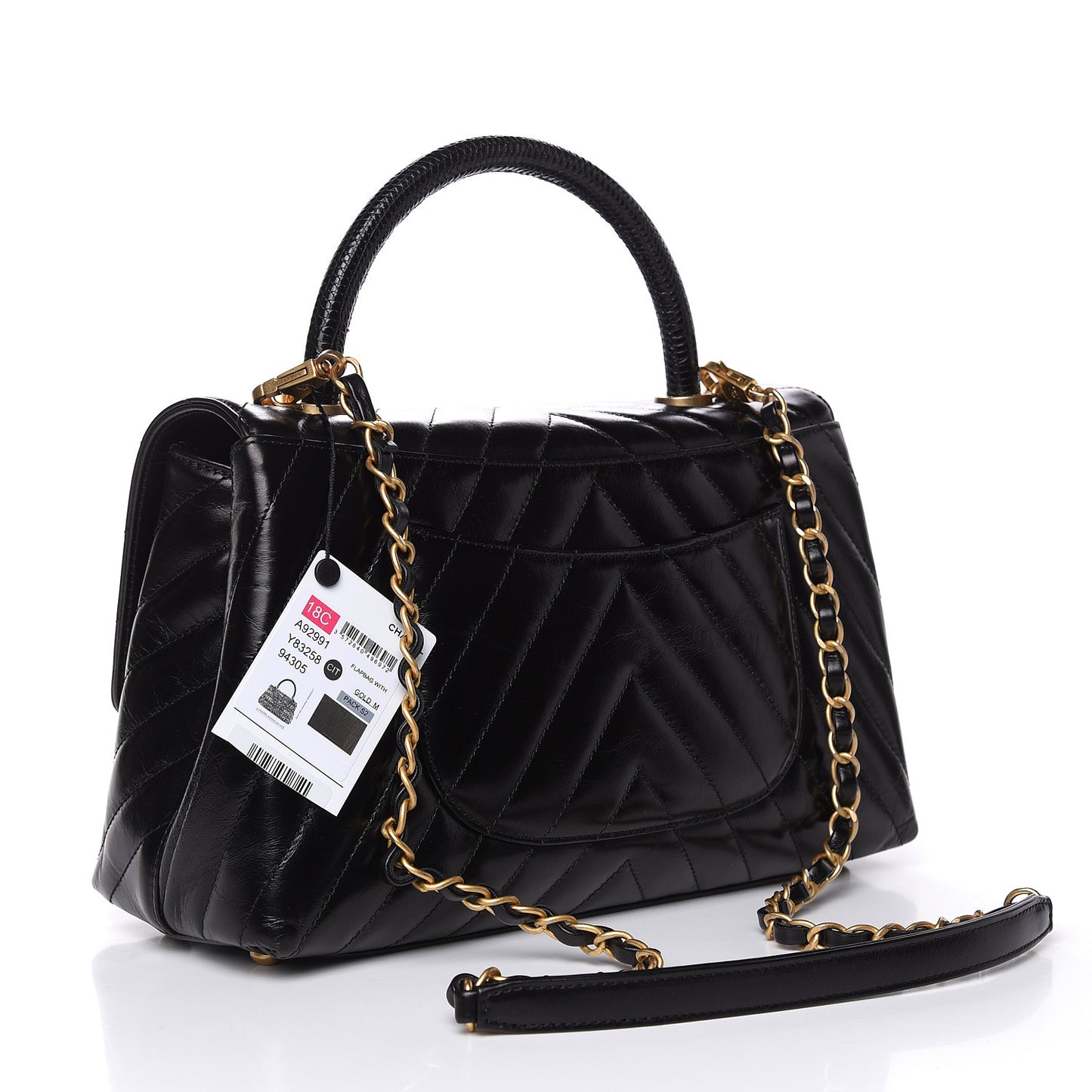 Calfskin Lizard Chevron Quilted Small Coco Handle Flap Black