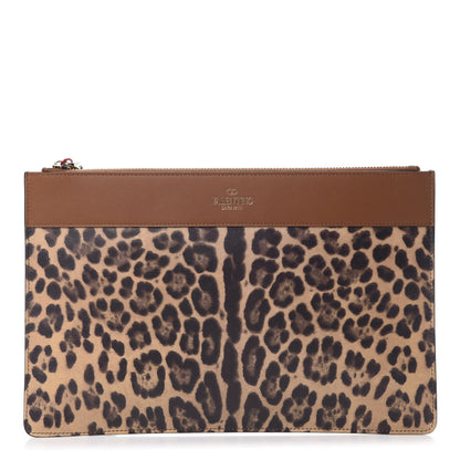 Valentino Garavani Calfskin Leopard Print City Safari Large Pouch Brown 1 of 6
