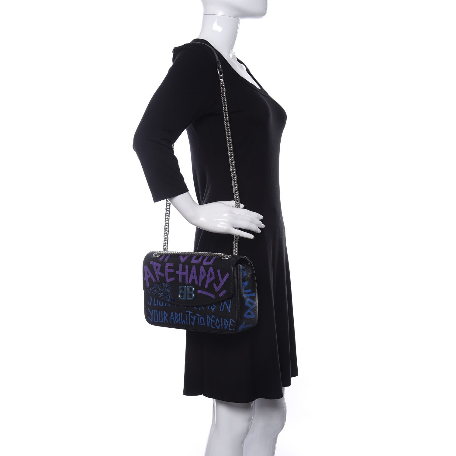 Balenciaga Grained Calfskin Graffiti M BB Round Shoulder Bag Black Bleu Violet 2 of 9