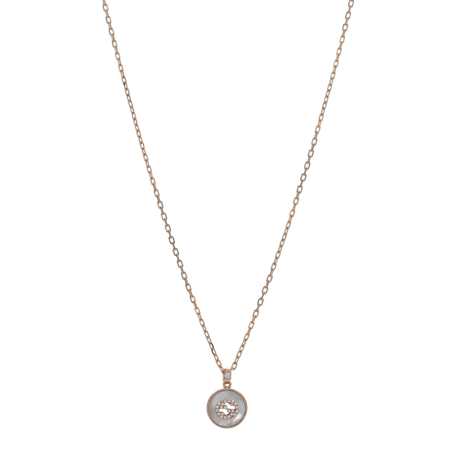 Gucci 18K Rose Gold Diamond Mother of Pearl Interlocking G Pendant Necklace 1 of 5