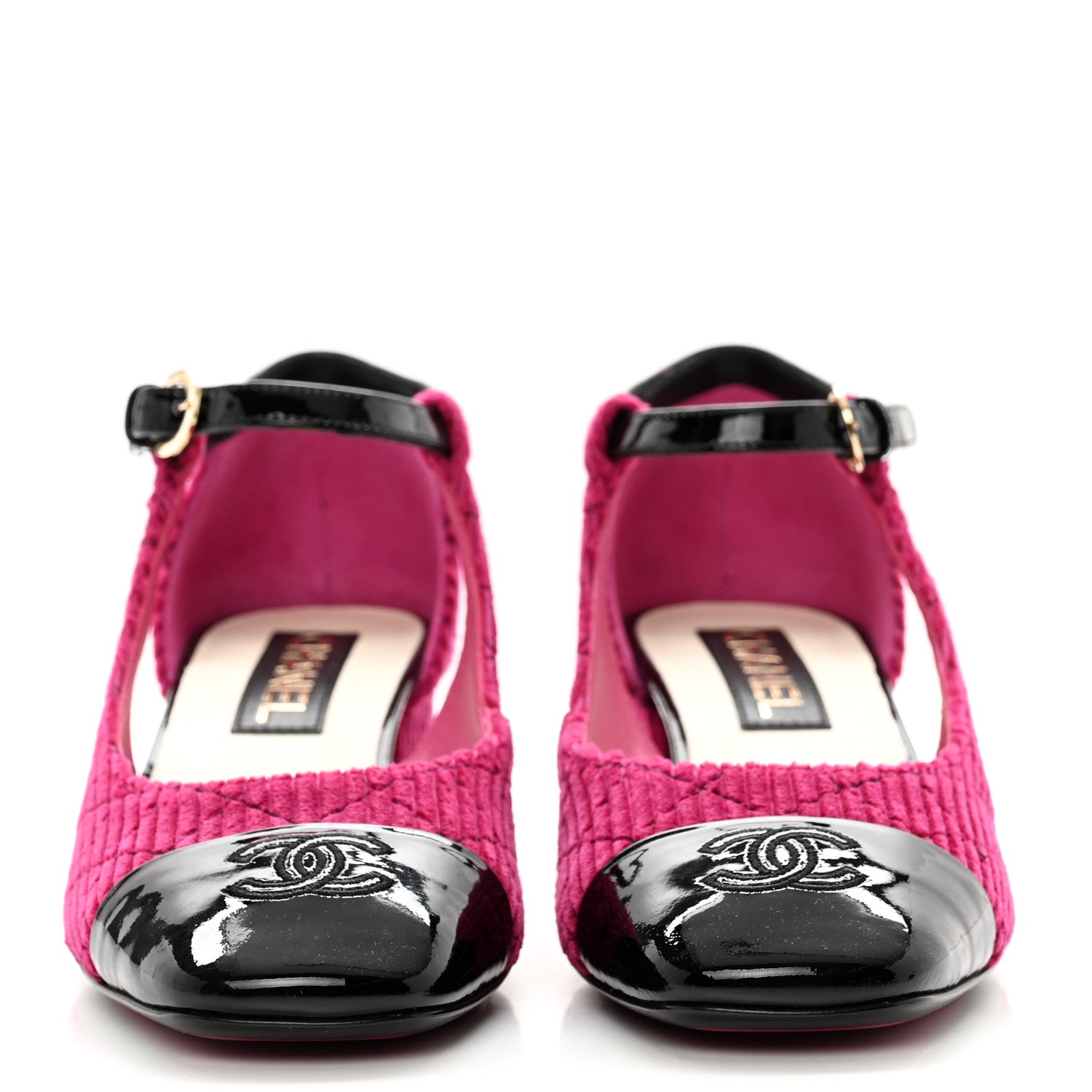 Chanel Corduroy Patent Calfskin Cap Toe Quilted Mary Jane Flats 39.5 Fuchsia Black 2 of 9