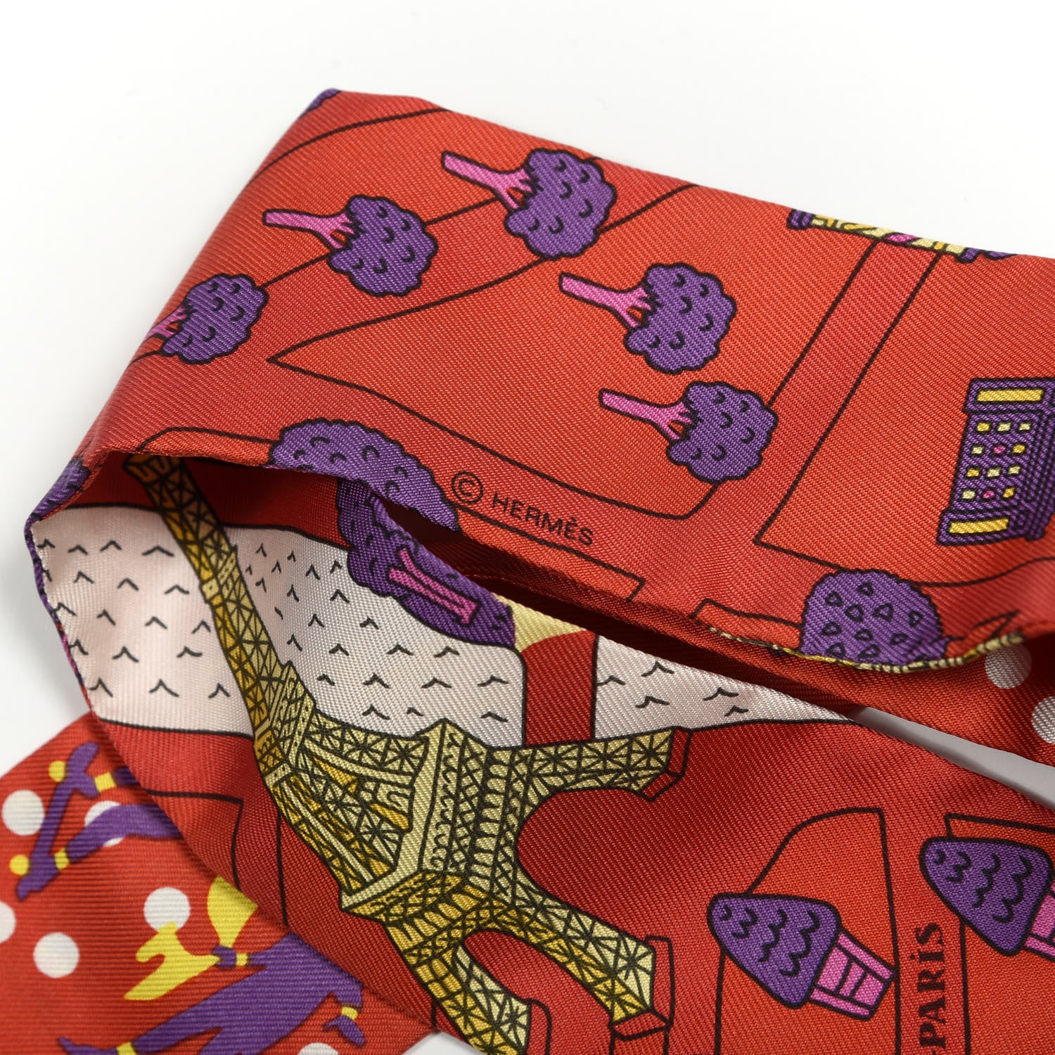 Hermes Silk Les Nouveaux Amoureux de Paris Twilly Rouge Violet Creme 3 of 4
