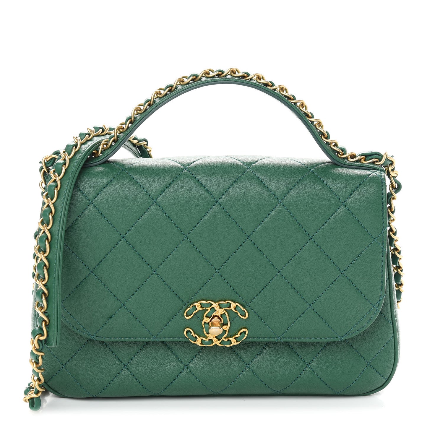 Lambskin Quilted Chain Infinity Top Handle Flap Green