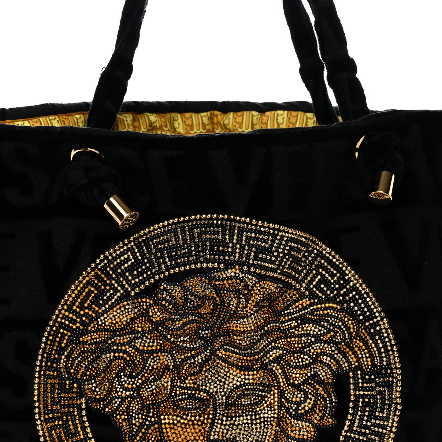 Terry Cloth Allover Crystal Studded Medusa Tote Black