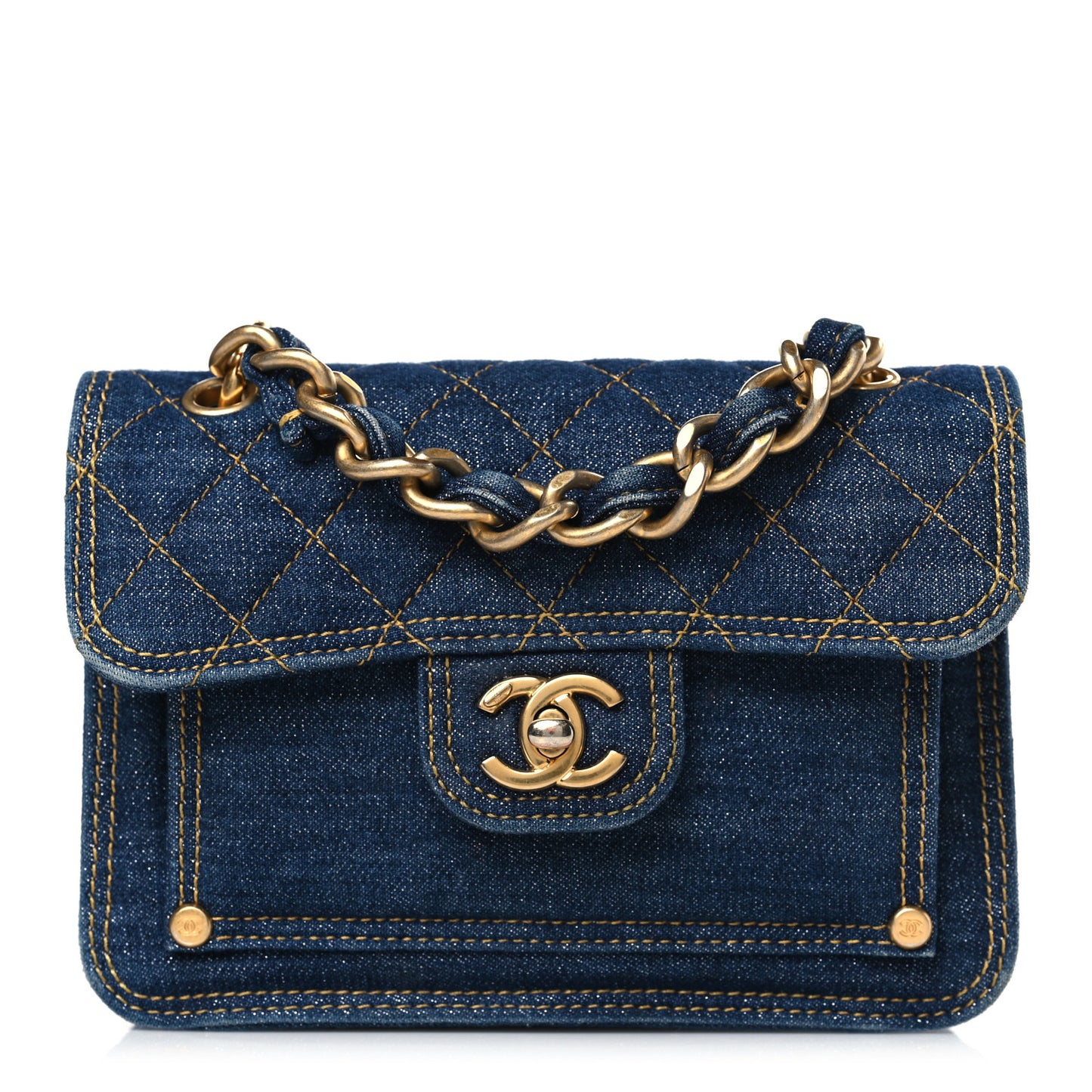 Denim Quilted Double You Mini Flap Blue Golden