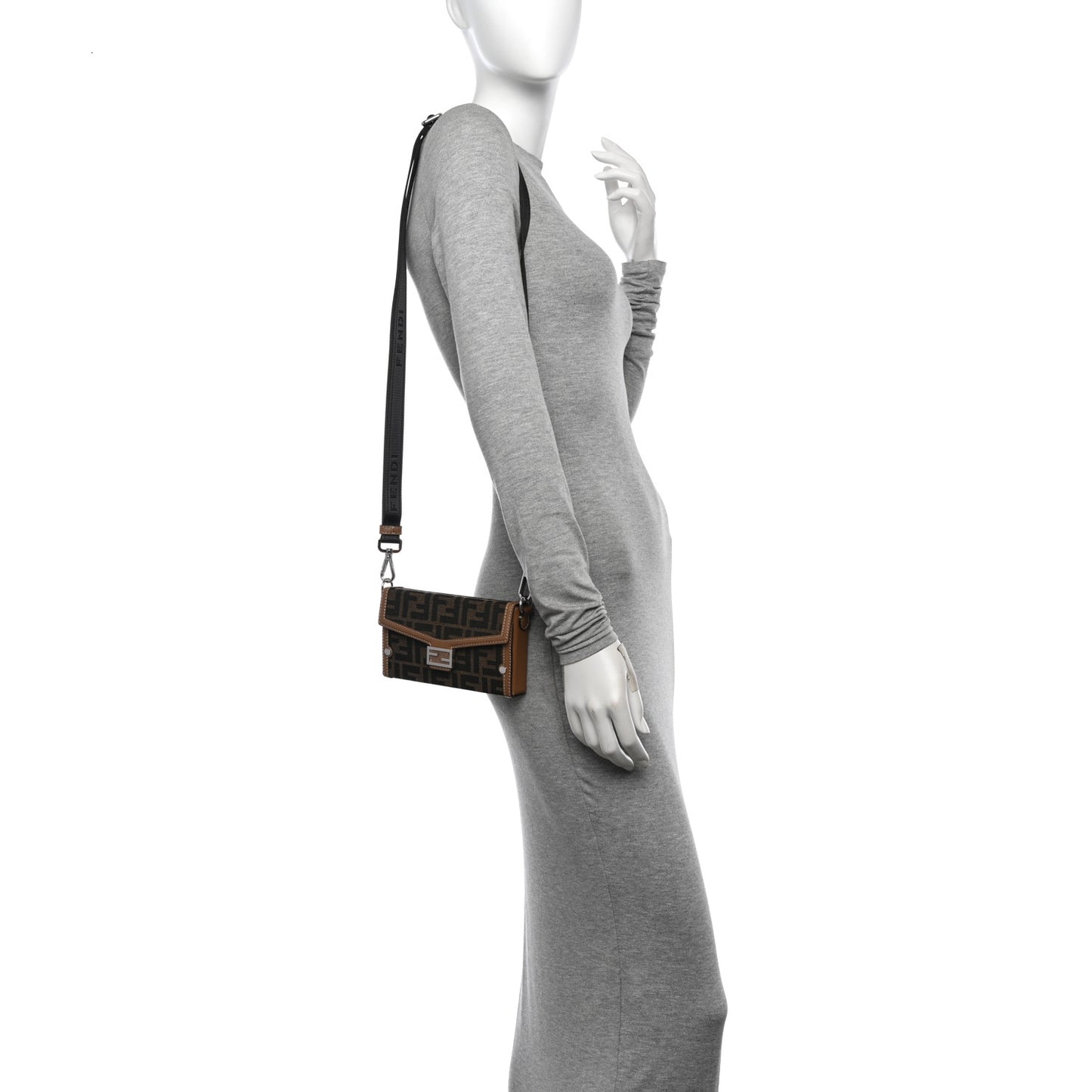 Recycled Fabric Jacquard Vitello King FF 1974 Baguette Soft Trunk Phone Pouch Tobacco Moro Sand