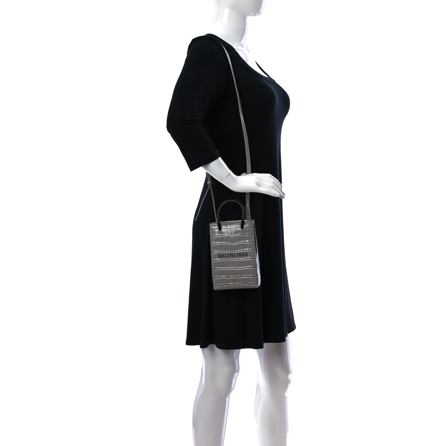Balenciaga Calfskin Crocodile Embossed Logo Shopping Phone Holder Bag Steel Grey 2 of 10