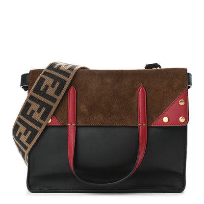 Fendi Vitello Grace Suede Small Flip Tote Black Fragola Marrone 1 of 12