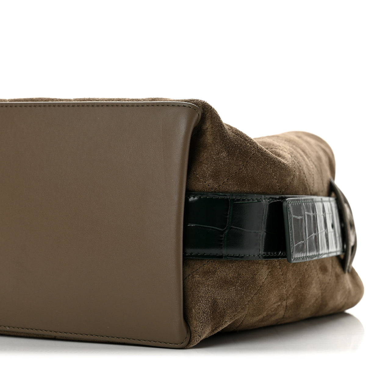 Suede Calfskin Crocodile Embossed Quilted CC Bucket Bag Dark Beige Green