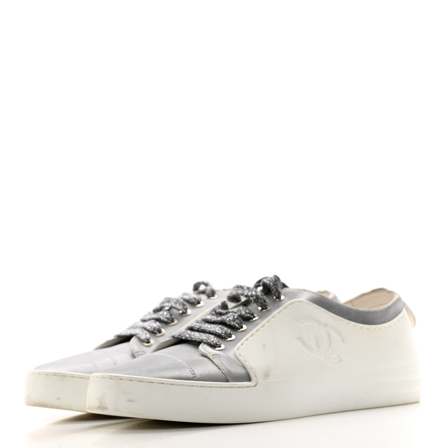 Chanel Calfskin Velvet Womens CC Sneakers 39.5 White Silver 3 of 9