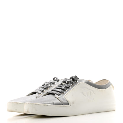Chanel Calfskin Velvet Womens CC Sneakers 39.5 White Silver 3 of 9