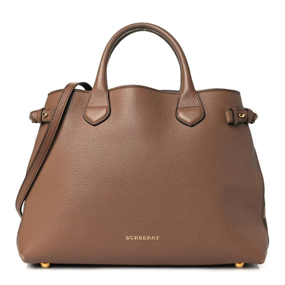 Burberry Grainy Calfskin House Check Medium Banner Tote Dark Sand 1 of 9