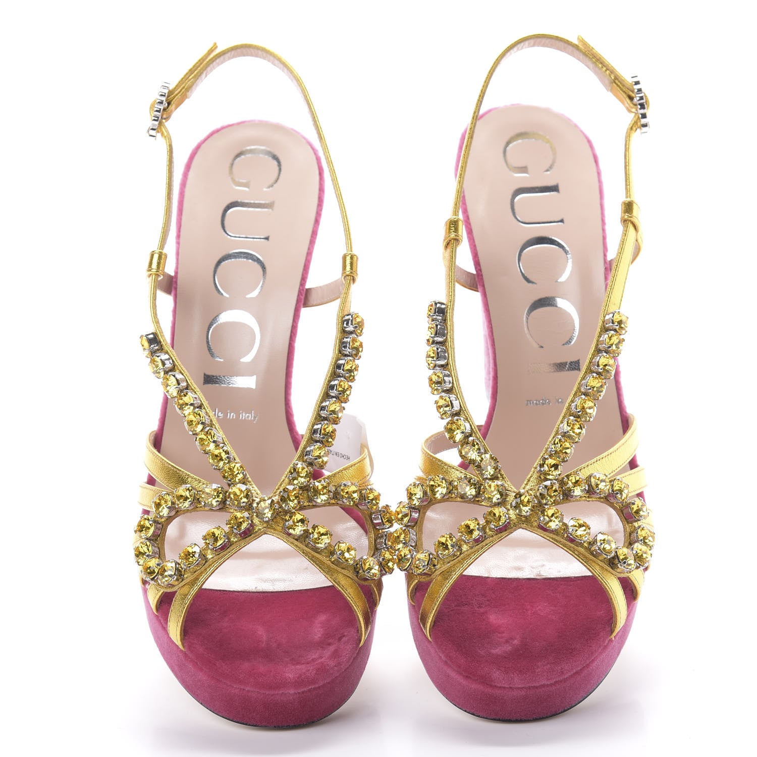 Gucci Velvet Nappa Crystal Zephyra Slingback Platform High Heel Sandals 38.5 Pink Gold 5 of 9