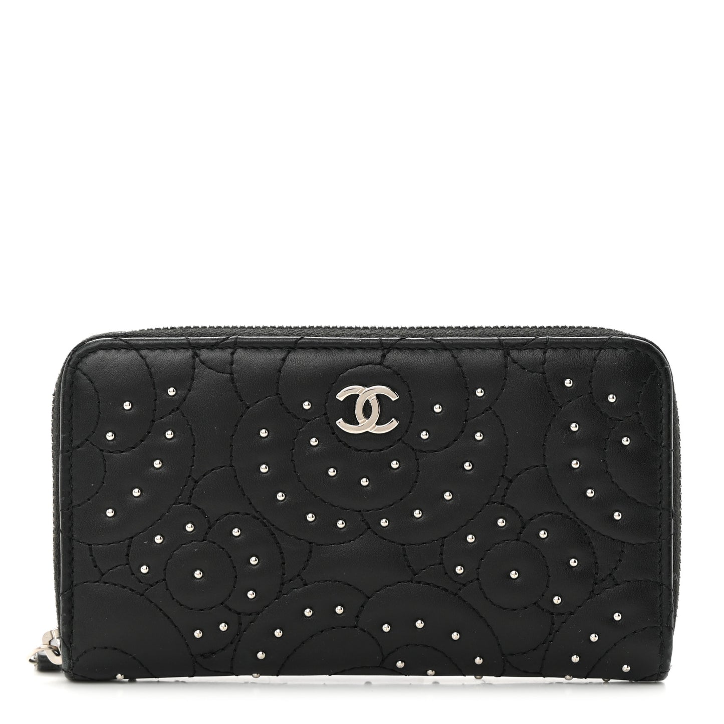 Lambskin Camellia Studded Medium Gusset Zip Around Wallet Black